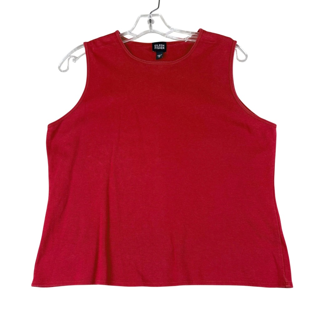 Eileen Fisher Size M Red Cotton Sleeveless Top Crew Neck Shell Minimalist Basic